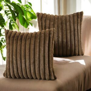 Pair of Futei Faux Fur Throw Pillows Tan 16”x16” Soft Textured Back Cover Only